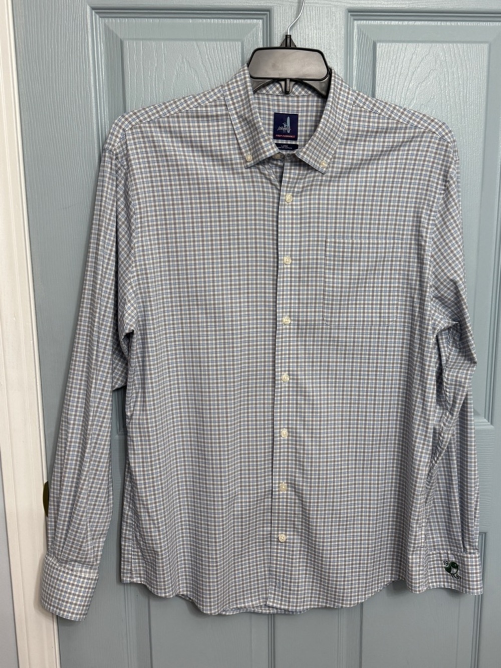 Johnnie-O Prep-Formance Blue Plaid Button Down Shirt Nemacolin Large Long Sleeve